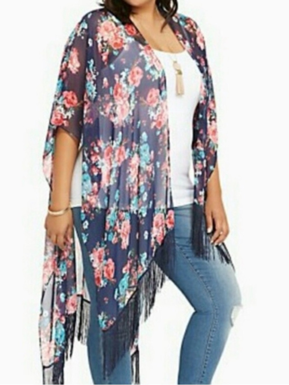 torrid Navy Floral Sheer Kimono with Pink Roses